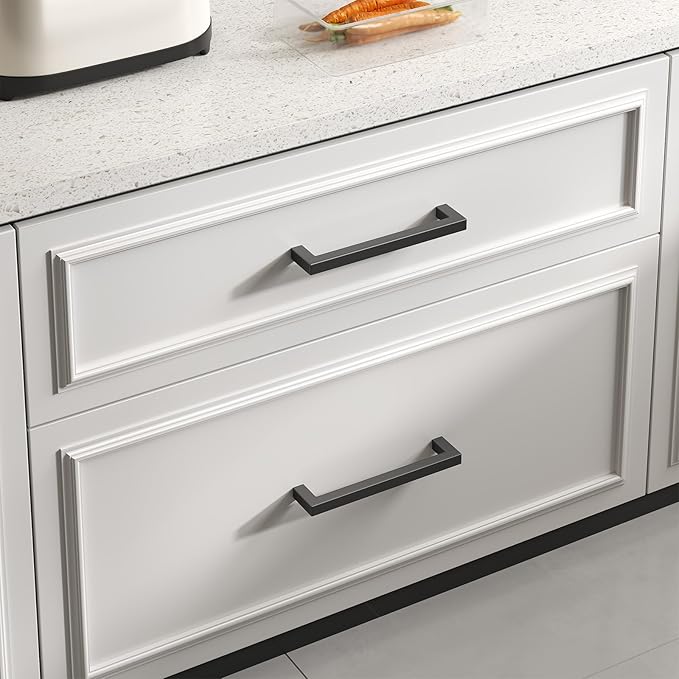 goldenwarm 100 Pack 3-3/4 Inch Black Cabinet Handles Matte Black Drawer Pulls Stainless Steel Cabinets Hardware Square Bar Modern for Kitchen Bathroom Cupboard