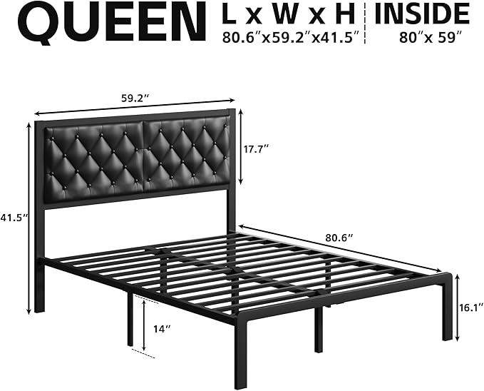 Queen Bed Frame with Headboard PU Leather Upholstered Bed Frame Platform,All Metal Slats Support Platform Bed Frame with Storage Space,Easy Assembly,Noise Free,No Box Spring Needed,Black