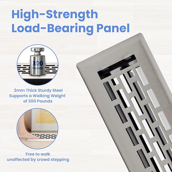 2x12 Inches Heavy Duty Walkable Floor Register - Easy Adjust Air Supply Lever Decorative Floor Vent Covers - Boston Design Vent Covers for Home - Satin Nickel