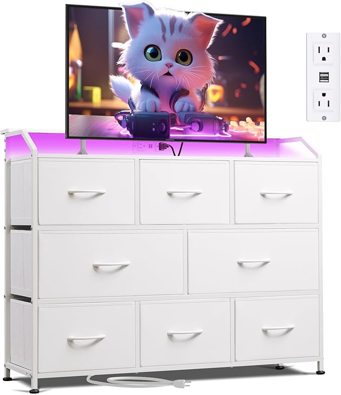 WLIVE Led Dresser for Bedroom, White Dresser TV Stand for Bedroom with LED Lights and Power Outlet, Wide Chest of Drawers for Hallway, 8 Fabric Drawers for Living Room and Entryway, Easy to Assemble
