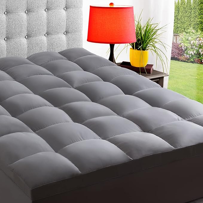 ELEMUSE Twin Grey Mattress Topper for Back Pain, Extra Thick Mattress Pad Cover, Plush Soft Pillowtop with Elastic Deep Pocket, Overfilled Down Alternative Filling