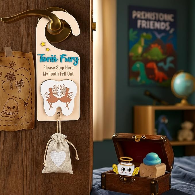 4Pcs Tooth Fairy Door Holder - Wooden Door Hanger Gift Set with Keepsake Box and Bag & Reward Badge, Gifts and Bedroom Decorations Suitable for Lost Teeth Girls and Boys