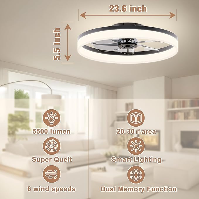 VOLISUN Low Profile Ceiling Fans with Lights and Remote, 23.6in Flush Mount Ceiling Fans with Light, 3000K-6500K Dimmable Fandelier LED Fan Light, Bladeless Ceiling Fan with Lights for Bedroom(Black)