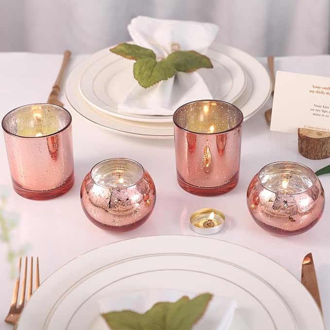 20 Pcs Assorted Rose Gold Candle Holders Bulk, Rose Gold Birthday Decorations for Table, Larger Size Mercury Glass Candle Holders for Wedding, Votive Holders for Valentines, Bridal Shower