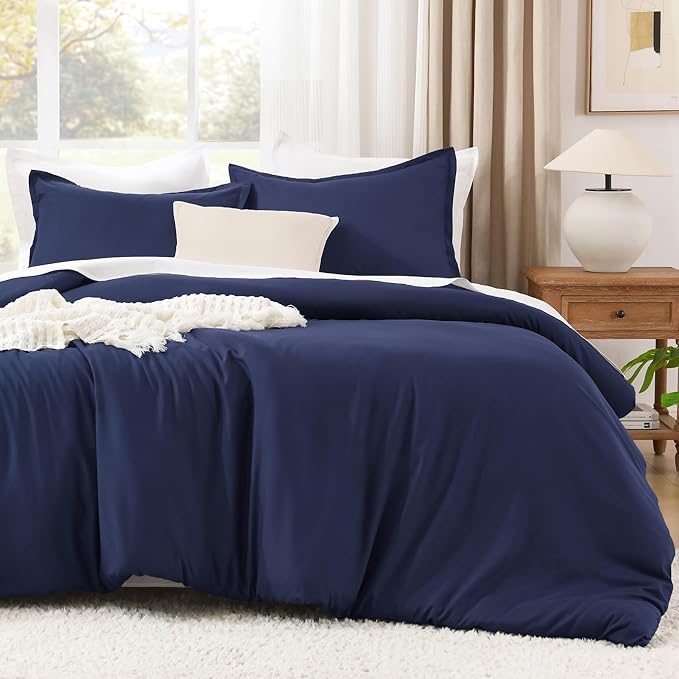 Litanika Comforters Navy Blue Super King Size, 3 Pieces Lightweight Solid Bedding Set & Collections, All Season Fluffy Bed Set (120x120In Comforter & 2 Pillowcases)