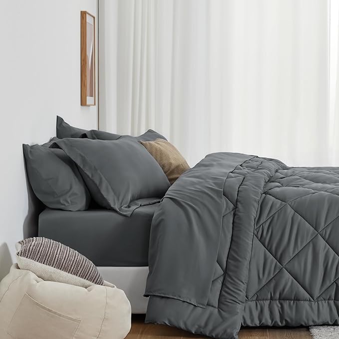 Love's cabin Twin XL Comforter Set Dark Grey, 5 Pieces Twin XL Bed in a Bag, All Season Bedding Sets with 1 Comforter, 1 Flat Sheet, 1 Fitted Sheet, 1 Pillowcase and 1 Pillow Sham