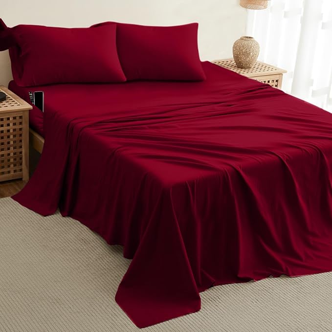 DREAMCARE Full Size Sheets – 4 pcs Cooling Sheets – up to 21” Deep Full Sheet Set – Hotel Luxury Sheets & Pillowcases – Superior Softness 100% Fine Microfiber with Side Pocket – Burgundy