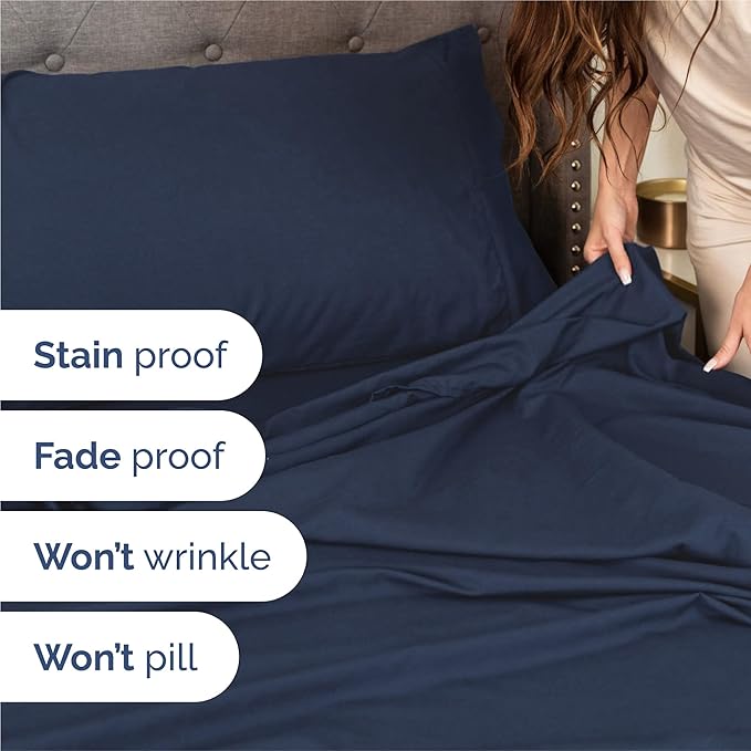 Split King Bed Sheet Set - 7 Piece Split King Bed Sheet Set - Soft Hotel Luxury Bedding - Cooling, Comfy & Breathable - 1 Flat & 1 Fitted & 4 Pillowcases with Deep Pockets - Wrinkle Free - Navy Blue