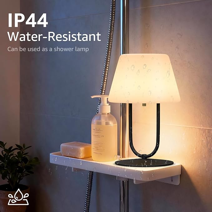 FUYO Small Bedside Table Lamp for Bedroom, Water-Resistant Rechargeble Shower Lamp, Dimmable Touch Control Lamps, Night Light for Bathroom Living Room Patio Camping, 9in(Black)