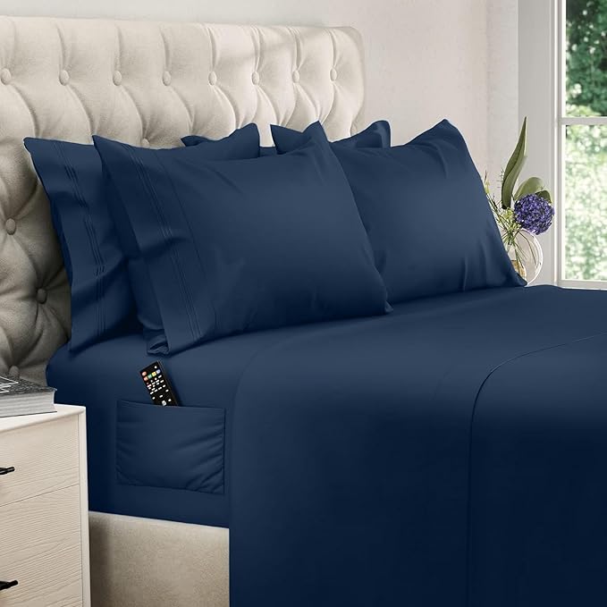 DREAMCARE California King Sheet Sets – 6 pcs Cooling Bed Sheets – up to 15” Deep Cal King Sheets – 2500 Supreme Collection – Extra Soft 100% Brushed Microfiber Hotel Luxury with Side Pocket – N Blue