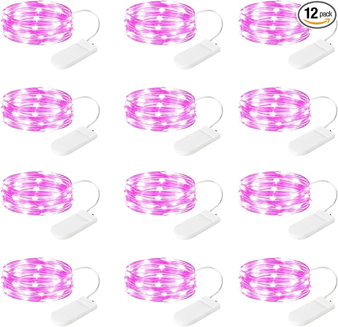 12-Pack LED Fairy Lights 7 Feet Battery Powered Waterproof Silver Wire 20 Slim Copper Wire Pastel Lights for DIY Wedding Party Bedroom Patio Easter Christmas (Pink)