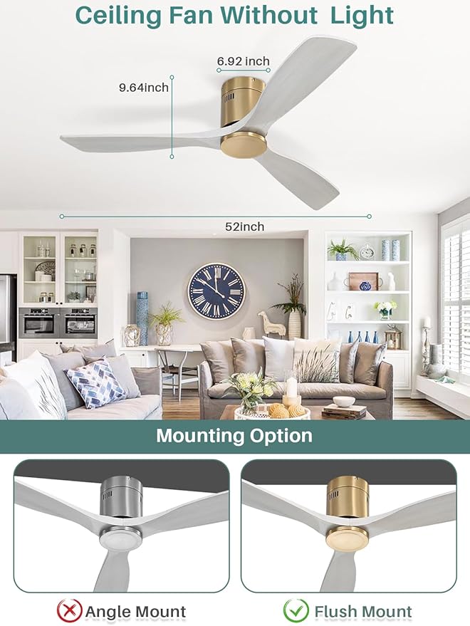 Sofucor 52 Inch Solid Wood Ceiling Fan Without Lights Flush Mount Ceiling Fans with Remote Control, Wood Blades Modern Outdoor Ceiling Fan No Light for Bedroom/Farmhouse/Patio/Indoor, Grey Gold