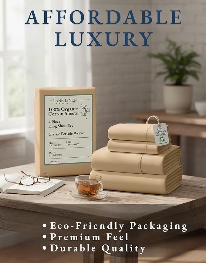 LANE LINEN 100% Organic Cotton Bed Sheets King Size, Fully Elasticized Reinforsed Seams in Fitted Pocket, Machine Washable Naturally Cooling All Season King Sheet Deep Pocket Bedding- Linen