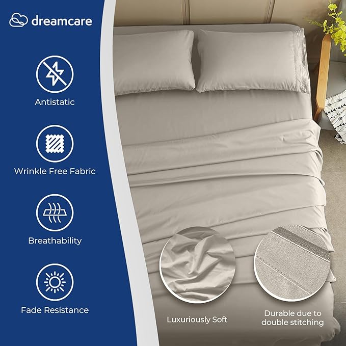 DREAMCARE King Size Sheets Set – 4 pcs Cooling Sheets – up to 21” Deep Pocket King Sheet Set – Hotel Luxury Sheets & Pillowcases – Superior Softness 100% Fine Microfiber with Side Pocket – Ivory