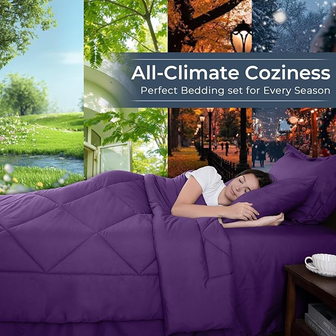 HEVUMYI Purple Full Comforter Set - 7-Piece All Season Bed in a Bag Full, Ultra Soft Bedding Set with Comforter, Flat Sheet, Fitted Sheet, Pillowcases, Pillow Shams