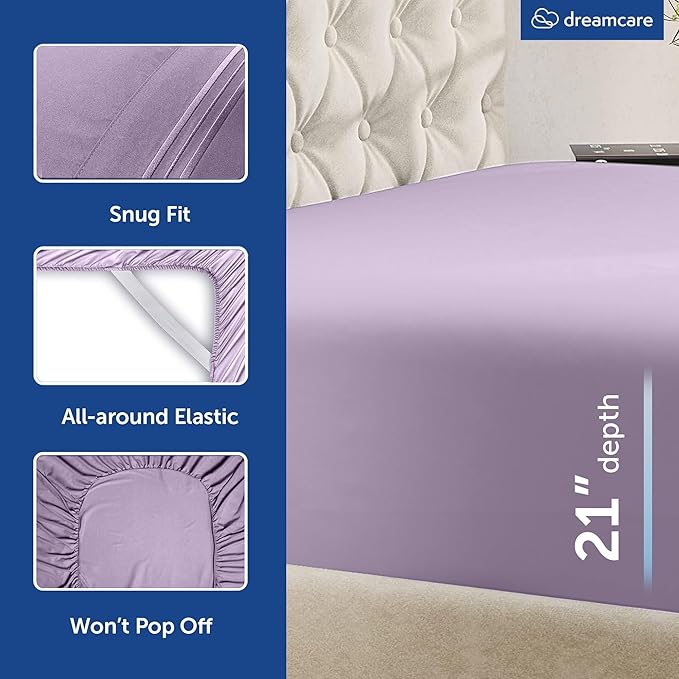 DREAMCARE Queen Sheet Set – 4 pcs Cooling Sheets – up to 21” Extra Deep Pocket Queen Sheets – Hotel Luxury Sheets & Pillowcases – Superior Softness 100% Microfiber with Side Pocket - Lavender