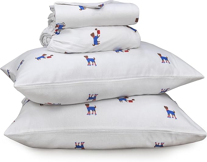 RUVANTI Flannel Sheets Full Size - 100% Cotton Double Brushed Bed Sheets Set, Deep Pockets 16 Inches, All Seasons Breathable & Extra Soft Full Sheets, Warm & Cozy, 4 Piece, Puppy Playoff