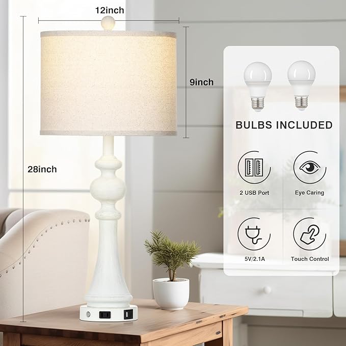 28" Farmhouse Lamps Set of 2 with USB A+C Fast Ports & AC Outlets, Vintage Rustic 3-Way Dimmable Touch Control Table Lamps, Rustic Traditional Bedside Nightstand Lamp for Living Room Bedroom White