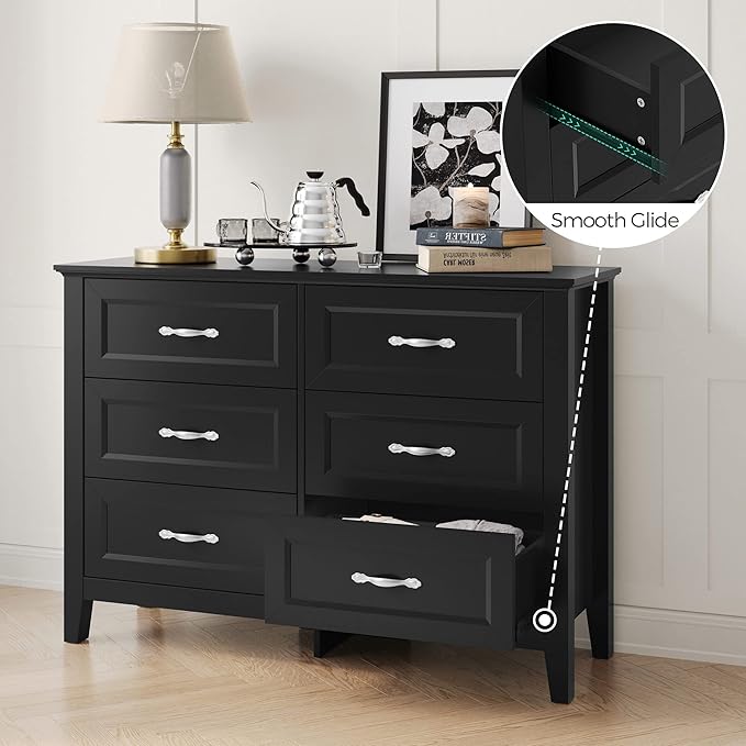 LINSY HOME Farmhouse 6 Drawers Dresser Chests for Bedroom, Wood Dresser Wide Chest of Drawers, Storage Dressers Organizer for Bedroom, Living Room,Hallway, SGS Certified
