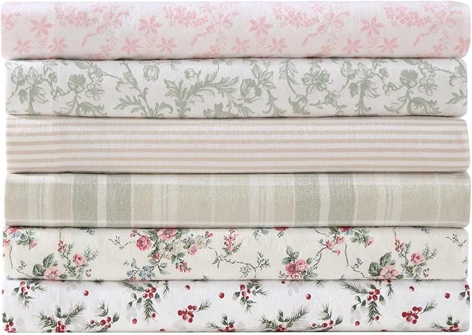 Laura Ashley - Flannel Sheets Full Size, Anti-Pilling & Wrinkle Resistant Cotton, Touchably Soft for All-Season Comfort - Bed Sheets with Matching Pillowcases & Fitted Sheet (Le Fleur Pink)