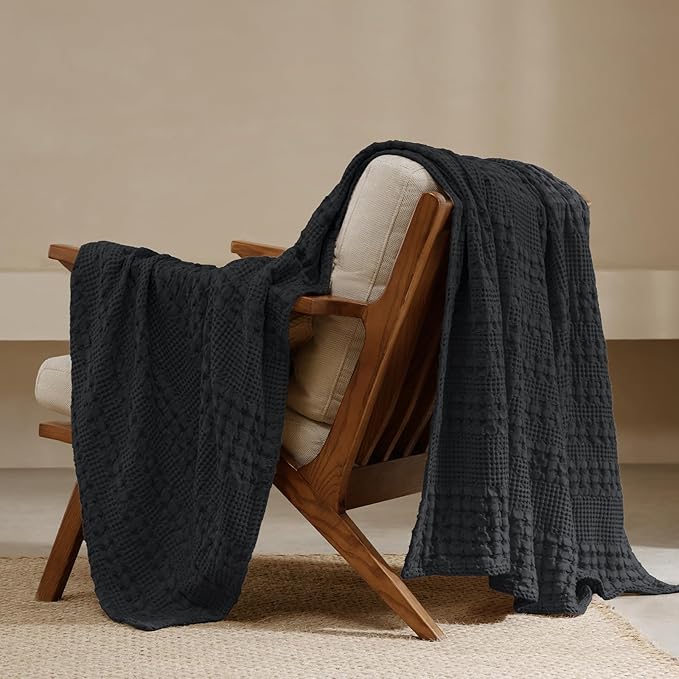 PHF 100% Cotton Waffle Weave Throw Blanket, Soft Lightweight Breathable Cozy Throws for Couch Bed Sofa, Luxury Aesthetic Woven Blanket for Home Decor & Office, 50"x60", Black