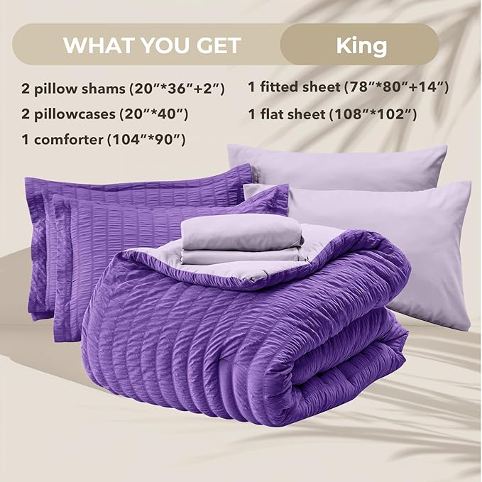 HYMOKEGE Dark Purple/Lavender King Size Comforter Set Seersucker 7 Pieces, All Season Luxury Bed in a Bag for Bedroom, Bedding Set with Comforter, Sheets, Pillowcases & Shams