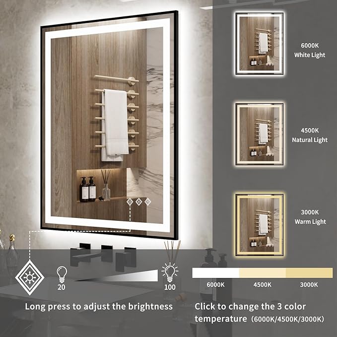 LED Bathroom Mirror, 28x36 Inch Black Framed Gradient Front and Backlit Bathroom Mirror with Lights, 3 Colors Dimmable CRI>90, Enhanced Anti-Fog Wall Mounted LED Mirror for Bathroom