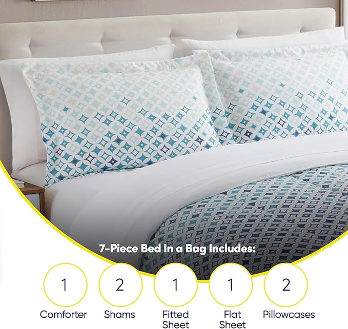 Sweet Home Collection 7 Piece Comforter Set Bag Solid Color All Season Soft Down Alternative Blanket & Luxurious Microfiber Bed Sheets, Genova, King