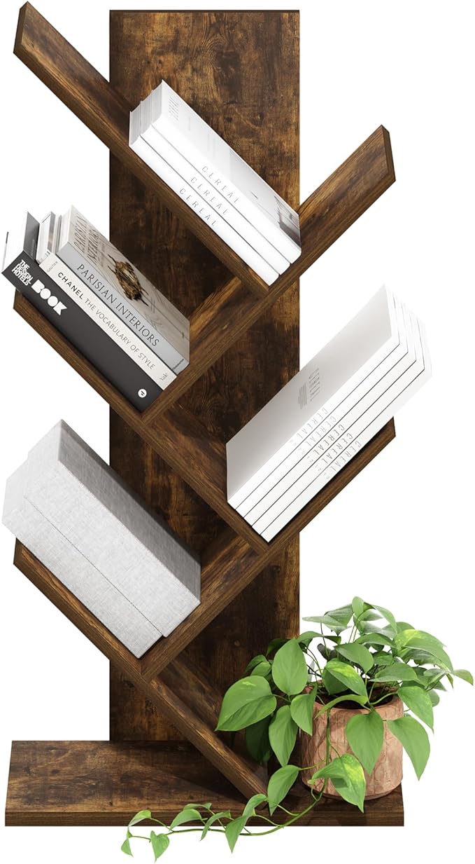 Furinno Tree Book Shelf, 5-Tier Bookshelf, Tree Bookcase for Room Decor, 8.4 x 15.7 x 30.3, for Living Room, Bedroom, Home Office, Amber Pine