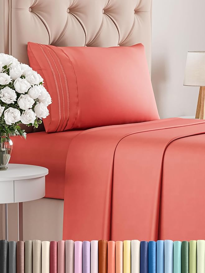 Twin Size 3 Piece Sheet Set - Comfy Breathable & Cooling Bed Sheets Set - Hotel Luxury Bedding for Women, Men, Kids, Teens, Boys & Girls - Deep Pockets, Ultra-Soft and Wrinkle Free - Oeko-Tex - Coral