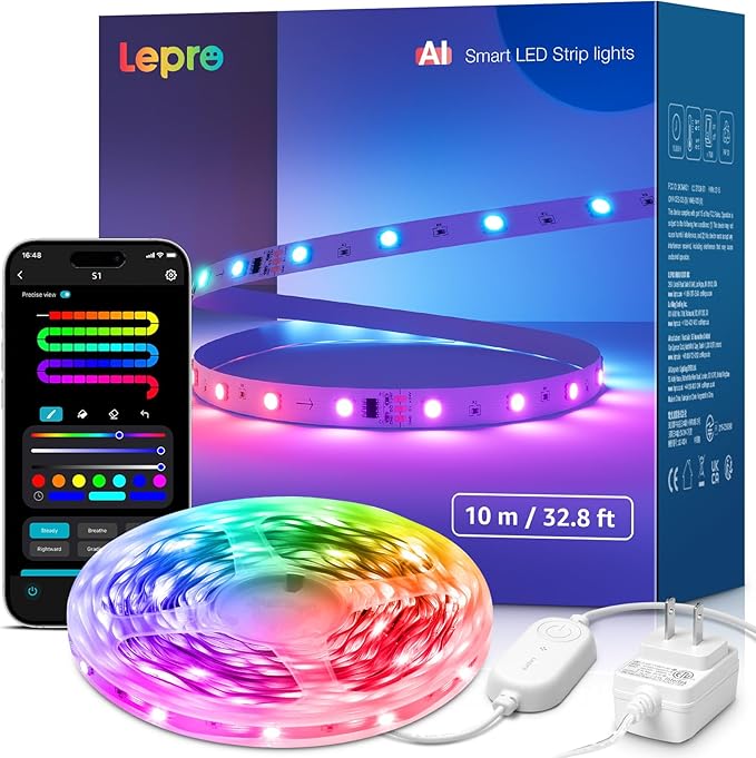 Lepro S1 AI LED Strip Lights for Bedroom - 32.8ft Smart RGB Light Strips with IC and Rainbow Chasing Effects, Color Segment DIY, Personalized Al Lighting Designer, No Remote, 2.4G Wi-Fi & Bluetooth