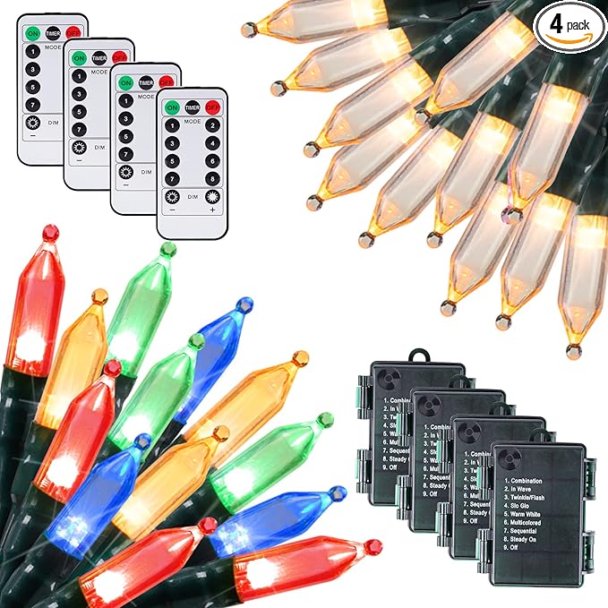 Christmas Mini String Lights Outdoor 4 Pack 17.7 Feet 50 Led 8 Modes Battery Operated Fairy Lights with Timer for Xmas Tree Indoor Holiday Party Decor, Warm White + Multicolored