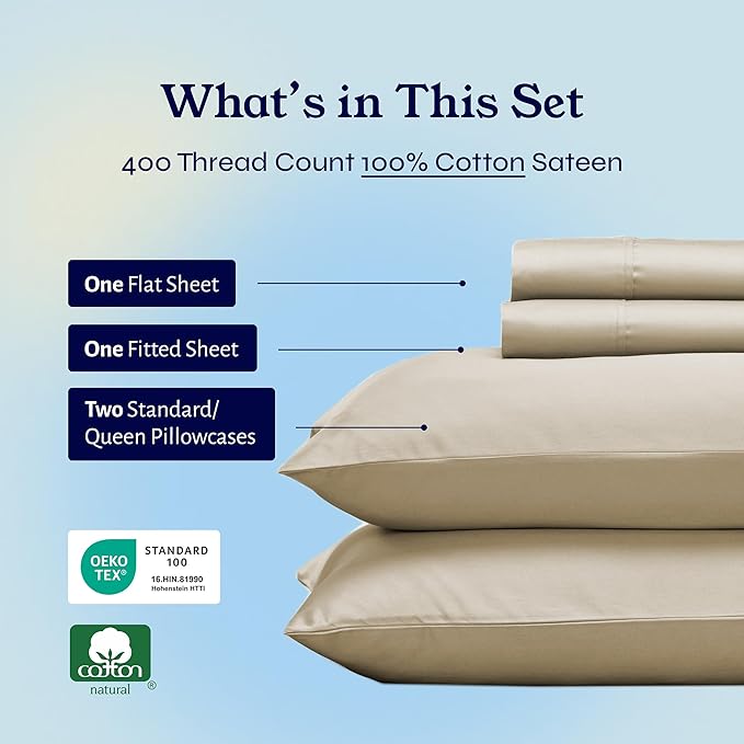 California Design Den Queen Sheet Set - Soft 400 Thread Count Sateen, Natural 100% Cotton Sheets with Deep Pockets, Cooling and Durable Bedding Set - Beige (Golden Tone)