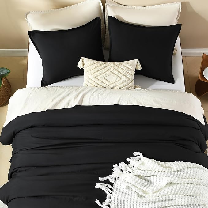 Litanika Comforters Black Oversized Queen Size, 3 Pieces Lightweight Solid Bedding Comforter Set, All Season Fluffy Bed Set (98x98In Comforter & 2 Pillowcases)
