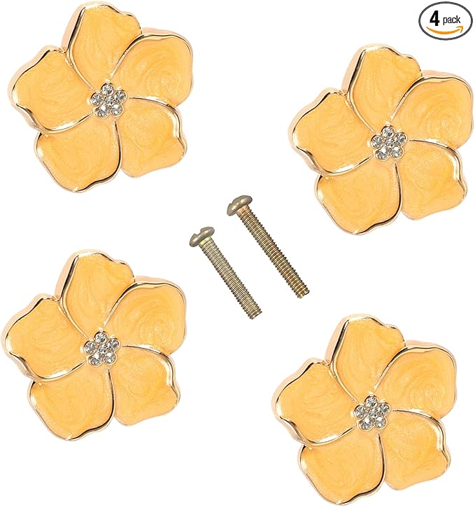 4 pcs Petal Handles Colorful Drawer Knobs Flower Petal Cabinet Dresser Knobs for Girl's Room Dresser Cupboard Drawer Wardrobe Decorative Furniture Knobs (Yellow)