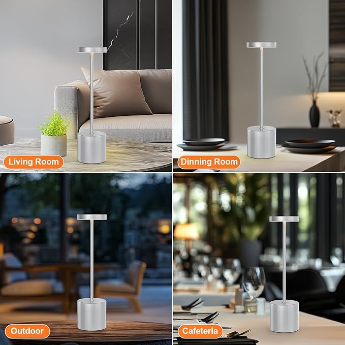 Cordless Table Lamp – 2 Pack Rechargeable Table Lamps, 5000mAh Battery Operated Lamp with 3-Color Dimmable Light, Outdoor Table Lamp for Bedroom, Restaurant, Patio, Home Décor (Silver)