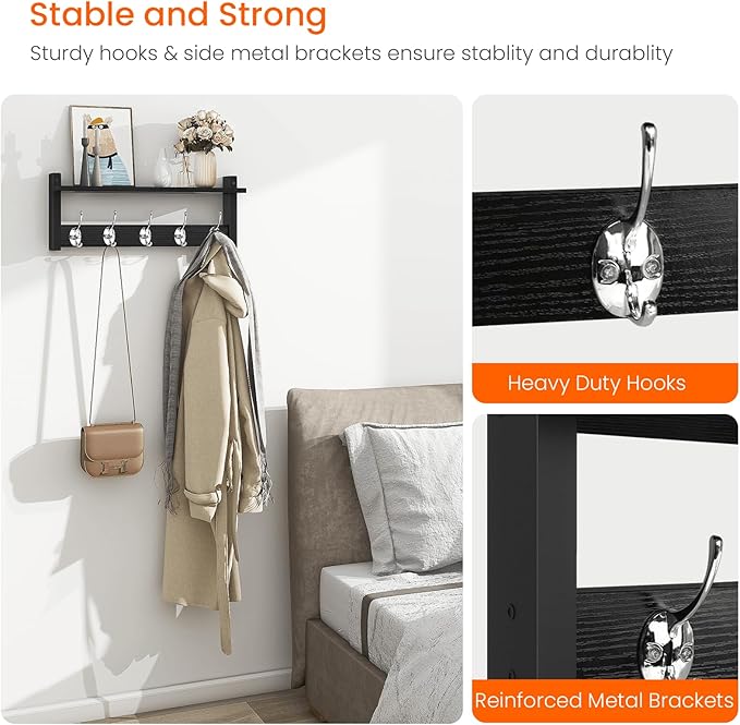 Homode Wall Coat Rack With Shelf, Wood Entryway Hanger With Hooks, Small Floating Pegs for Hanging Coats, Hats, Purses, Backpacks, Black