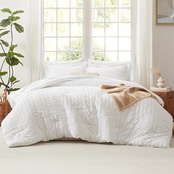 CozyLux Oversized King Comforter Set White Seersucker 7 Pieces 120x98 Bed in a Bag Comforter Set with Sheets, Luxury Soft Bedding Sets with Down Alternative Comforter, Sheets, Pillowcases & Shams