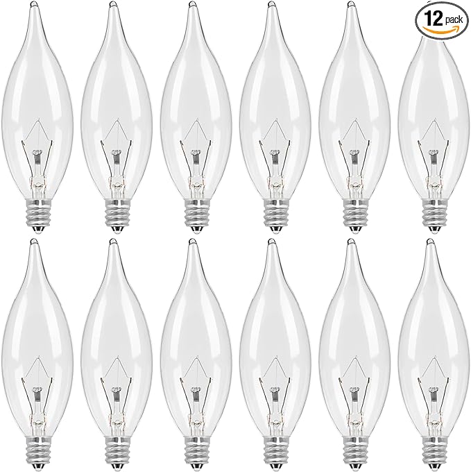 12-Pack E12 Candle Light Bulbs 40W Warm White 2500K, 380 Lumen Dimmable Chandelier Light Bulbs for Ceiling Fan, Pendants or Outdoor, CA10 Clear Candelabra Base Bulbs