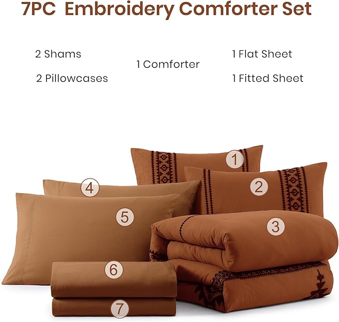 MaiRêve Burnt Orange Embroidery Comforters Set Queen Size - 7 Pieces, Farmhouse Western Bedding All Season, Bed in A Bag Queen Boho Comforter Set with Sheets, Pillowcases & Shams
