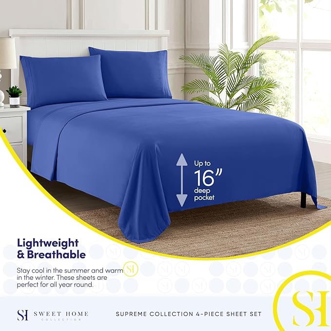 Queen Size Bed Sheets - Breathable Luxury Sheets with Full Elastic & Secure Corner Straps Built In - 1800 Supreme Collection Extra Soft Deep Pocket Bedding Set, Sheet Set, Queen, Royal Blue
