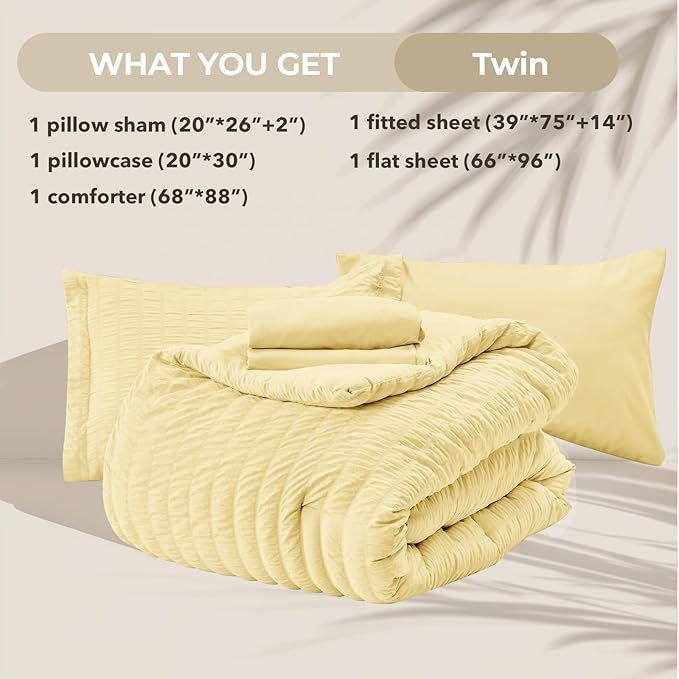 HYMOKEGE Yellow Twin Comforter Set Seersucker 5 Pieces, All Season Luxury Bed in a Bag for Bedroom, Bedding Set with Comforter, Sheets, Pillowcase & Sham