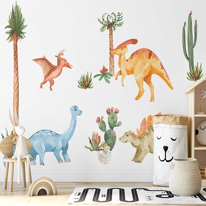 Yovkky Watercolor Dinosaur Nursery Wall Decals, Large Peel and Stick Dino Tropical Plant Stickers Cactus Palm Leaf Decor, Home Kitchen Decorations Boy Girl Kid Baby Toddler Bedroom Playroom Art Gift