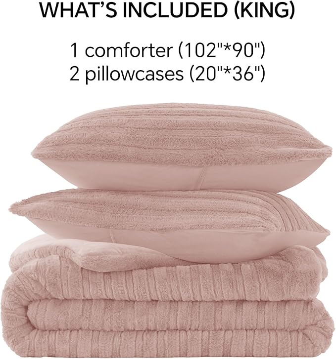 BEDELITE Fleece King Comforter Set -Super Soft & Warm Fluffy Pink Faux Fur Bedding, Luxury Fuzzy Heavy Bed Set for Winter with 2 Pillow Cases