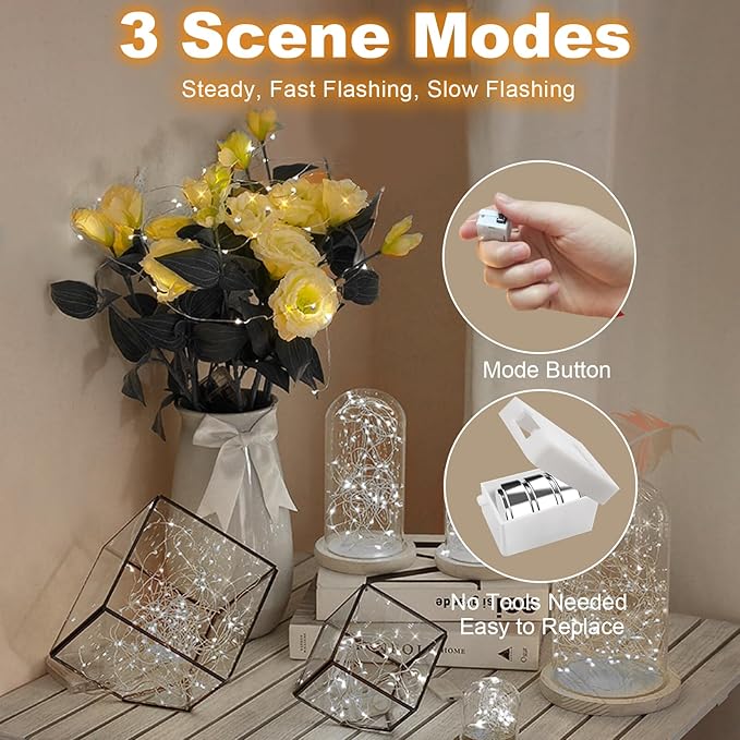 30 Pack Fairy Lights Battery Operated - 3 Speed Modes, 7Ft 20 LED String Twinkle Lights, Waterproof Copper Wire, Mini Firefly Light for Mason Jars Vases Christmas Decor, White
