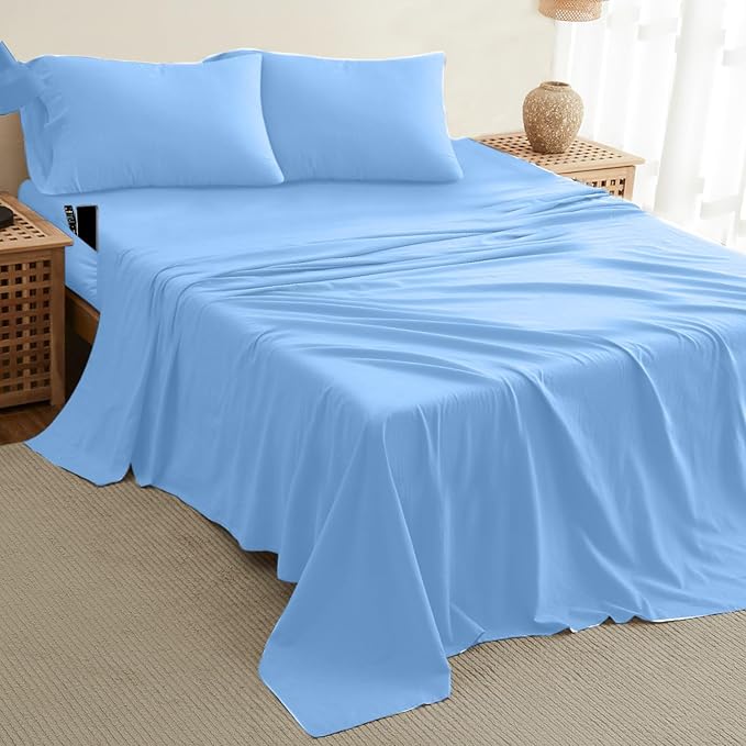 DREAMCARE Full Size Sheets - Cooling Bed Sheets - 4pcs Set - up to 15" Deep Pocket Full Sheet Set - Sheets Full Size Bed - Soft & Long Lasting 100% Fine Brushed Polyester with Side Pocket - LightBlue