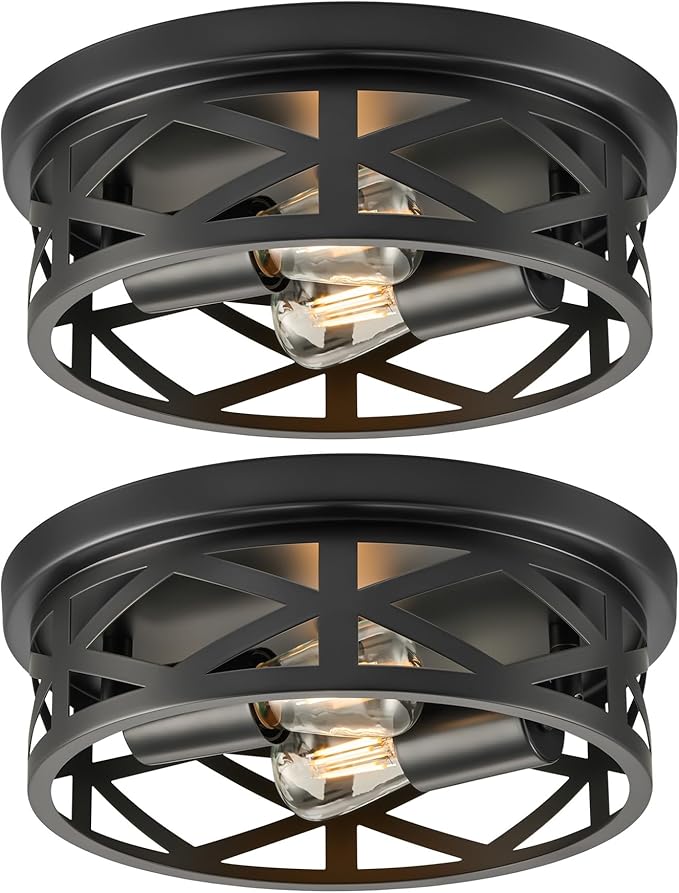 VONLUCE Flush Mount Ceiling Lights, 2-Light Hallway Ceiling Lighting Fixtures, 11 inch Farmhouse Metal Cage Ceiling Lights for Entryway Kitchen, Adjustable Lamp Holders, ETL, 2 pcs, Black