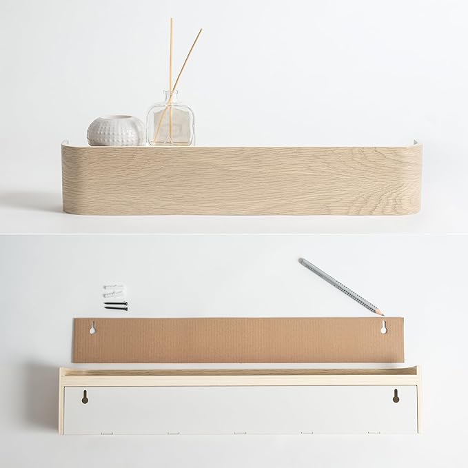 Kazai. Wall-Mounted Coat Rack 'Toke' - Modern Design Coat Rack with Hidden Wall Hooks - Solid Wood Veneer Panel Coat Hanger - Oak, White
