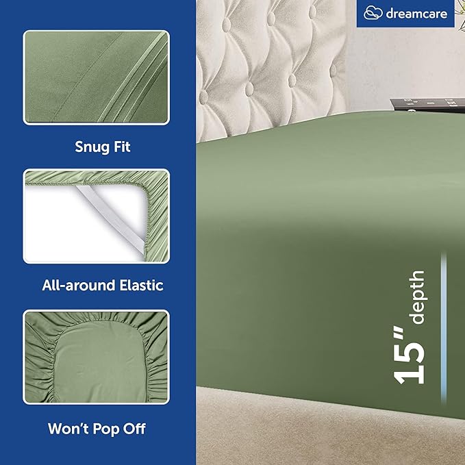 DREAMCARE King Size Sheets Set – 6 pcs Cooling Bed Sheets – up to 15” Deep Pocket King Sheet Set – 2500 Supreme Collection – Extra Soft 100% Brushed Microfiber Hotel Luxury with Side Pocket – S Green