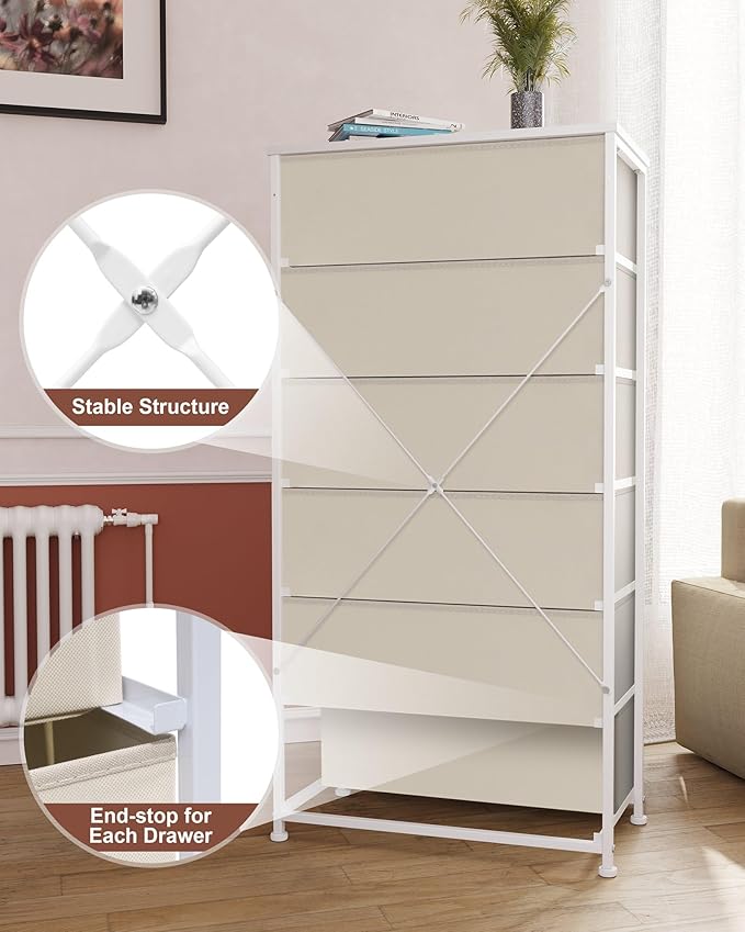 Crestlive Products Dresser for Bedroom with 6 Drawers, Tall Chest of Drawers, Fabric Dressers Bedroom Furniture, Storage Organizer Unit with Bins for Closet, Hallway, Living Room, Entryway(Beige)